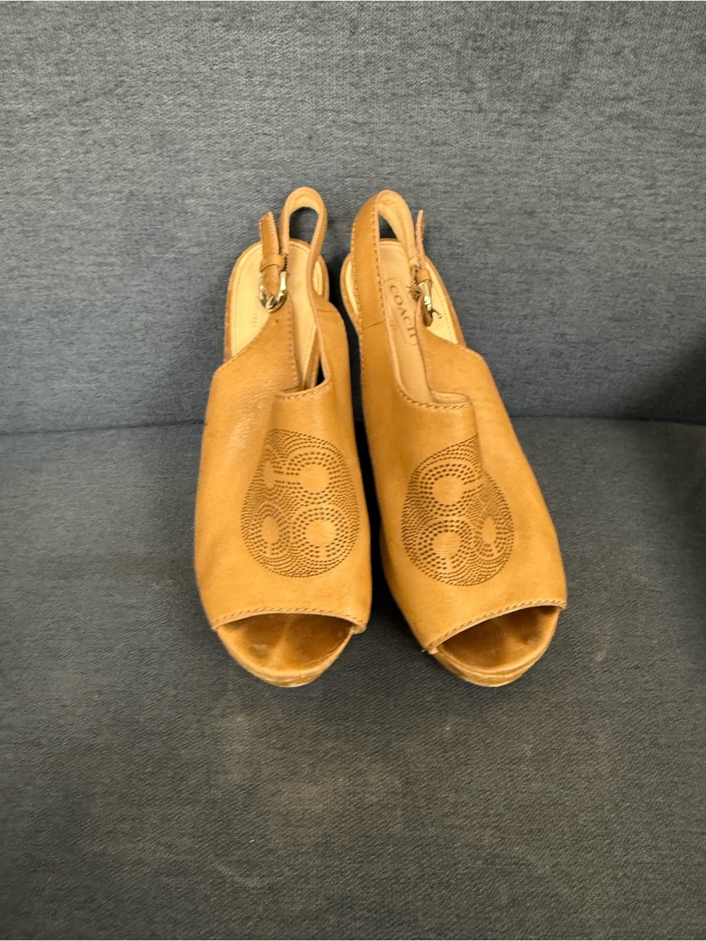 COACH Jade Tan Leather Peep-Toe Slingback Wedges with Perforated Logo Y2K